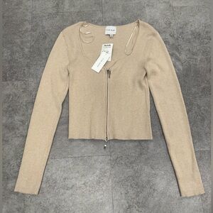 Beige Ribbed Double Zip Sweater Top